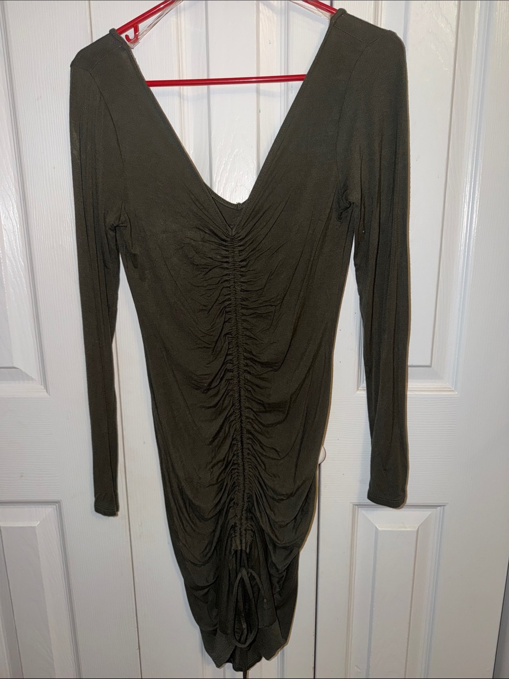 Fashion Nova Olive Ruched V-Neck Long Sleeve Dress